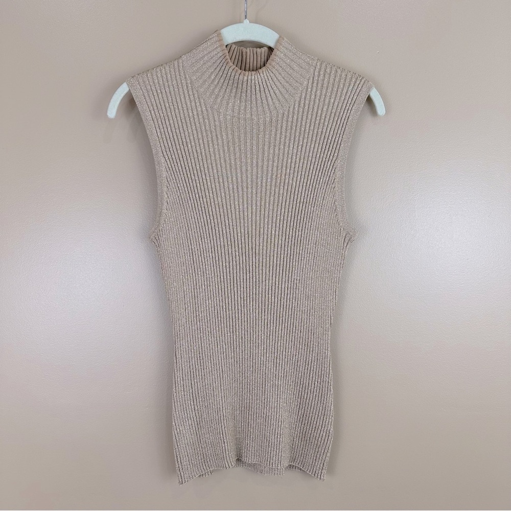 Terry Lewis Classic Luxuries Gold Silk Lurex Sleeveless Mock Neck Ribbed Top L